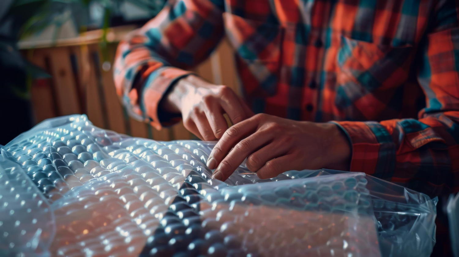 Image showing a man protecting an object with bubble wrap for transporting fine art.